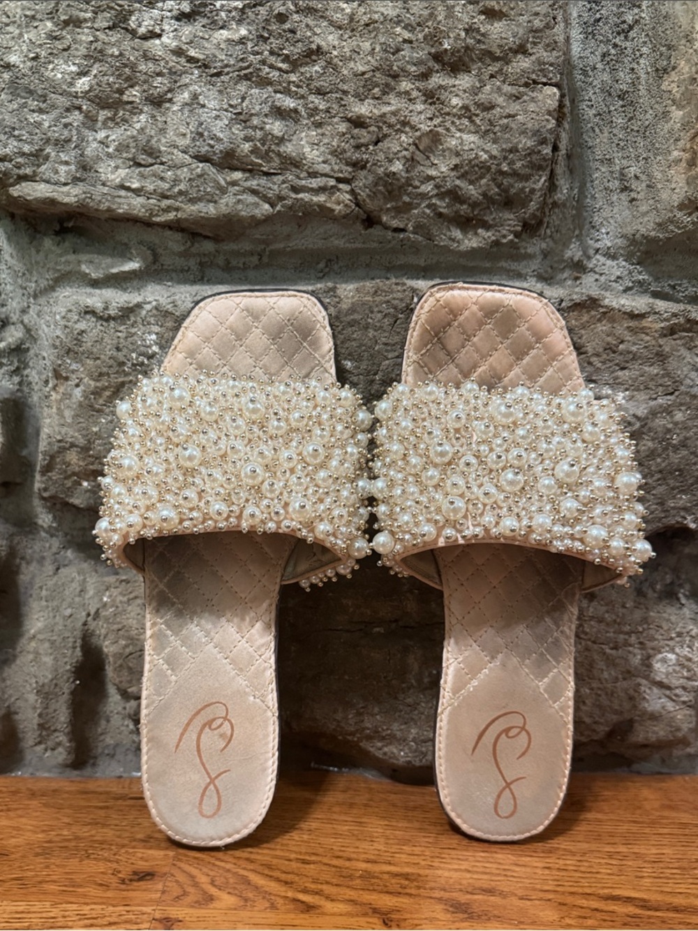 Sam Edelman Pearl-Embellished Cream Slide Sandals